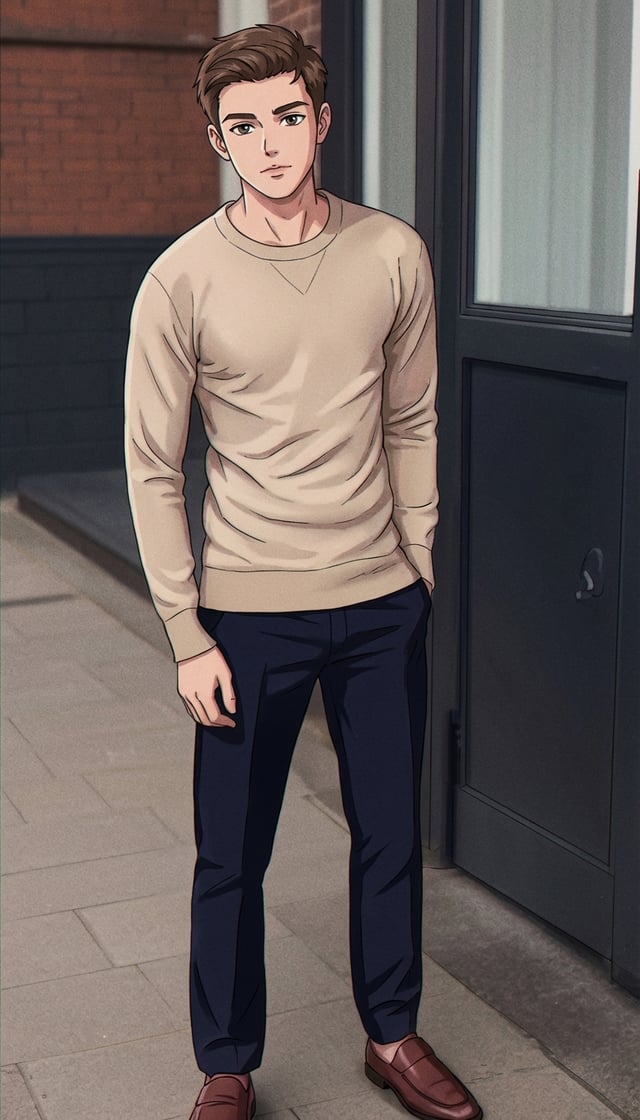 Retro 90s lp anime ad featuring a young man in a beige sweater and navy trousers standing outside.