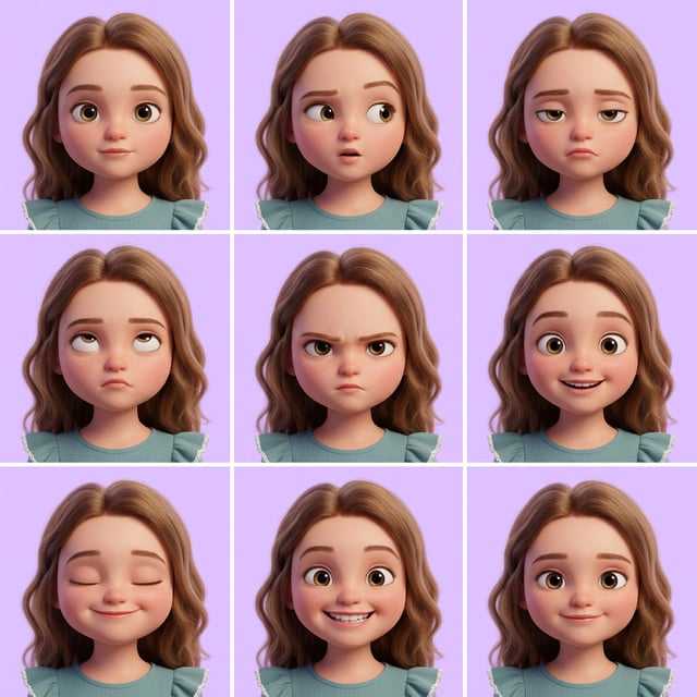 Pixar style AI avatar generator showcases a young girl's diverse emotions through nine expressive portraits.
