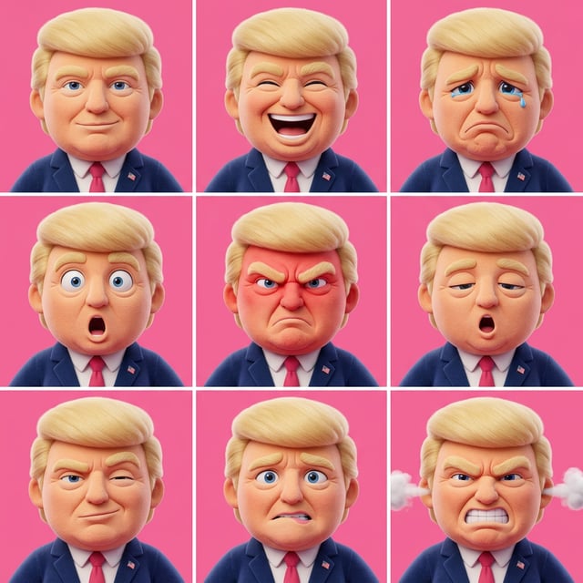Custom cm plush 3d toy of Donald Trump showing nine different exaggerated facial expressions on a pink background.