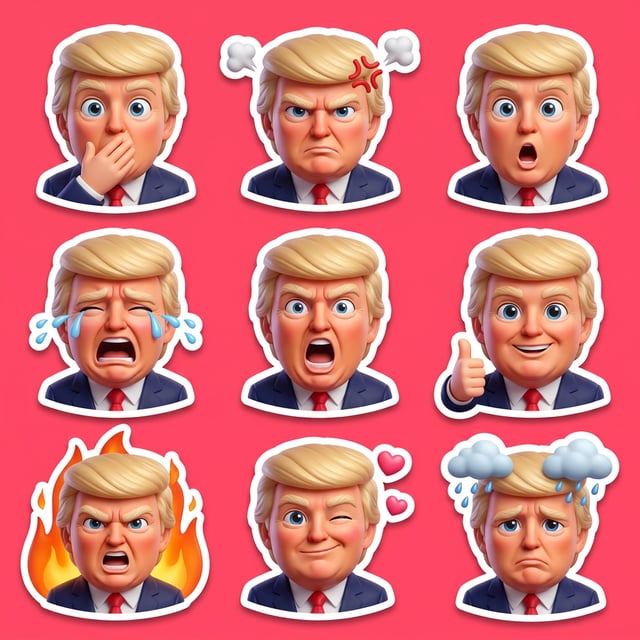 Sticker pack generator emoji reaction sticker pack featuring Donald Trump with various exaggerated expressions and emotions.