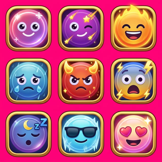 Game asset stylizer mobile game icons featuring various expressive emoji characters like happy, sad, and devilish faces.