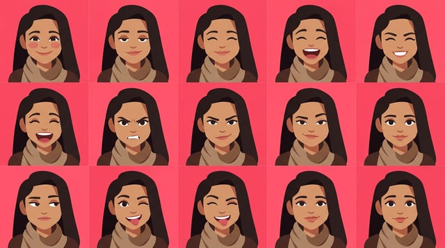 AI cartoon yourself flat vector collection shows a woman with dark hair in various expressive flat vector illustrations.