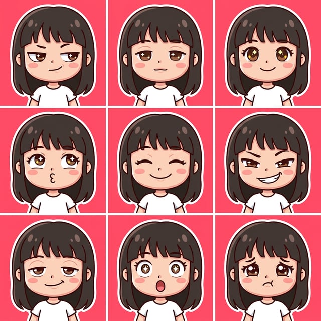 Chibi sticker maker AI art featuring a girl with nine different expressive faces and emotions. ai sticker maker