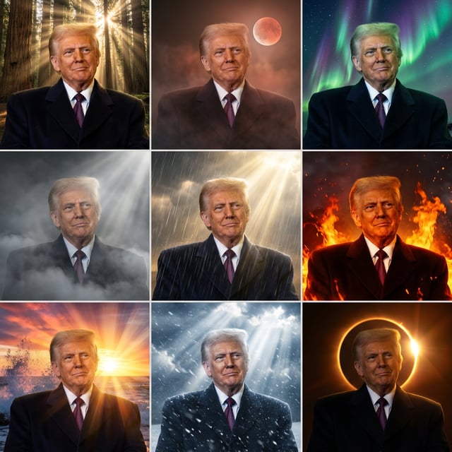 Landscape scene stylizer national geographic photo of Donald Trump in various dramatic weather and celestial backgrounds.