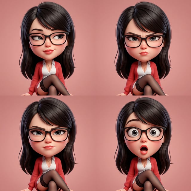 Diamond caricature 3d expression grid shows a glossy 3d cartoon woman with four different facial expressions. photo to glossy 3d cartoon expression grid