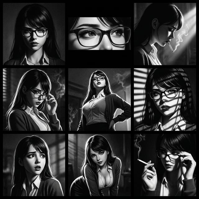 Retro vintage photo soviet propaganda poster of a woman in glasses smoking, dramatic lighting and bold composition.