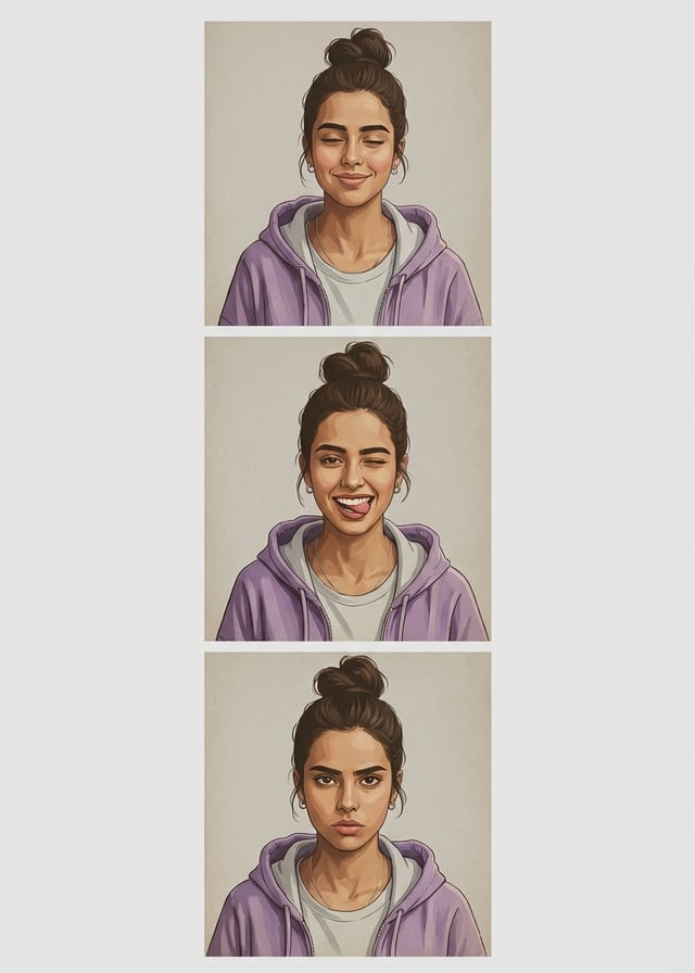 Vintage style AI travel poster maker featuring a young woman with a messy bun in three different expressions.