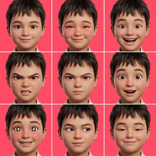 3D AI avatar generator displays a boy's face with nine different expressive emotions against a pink background.
