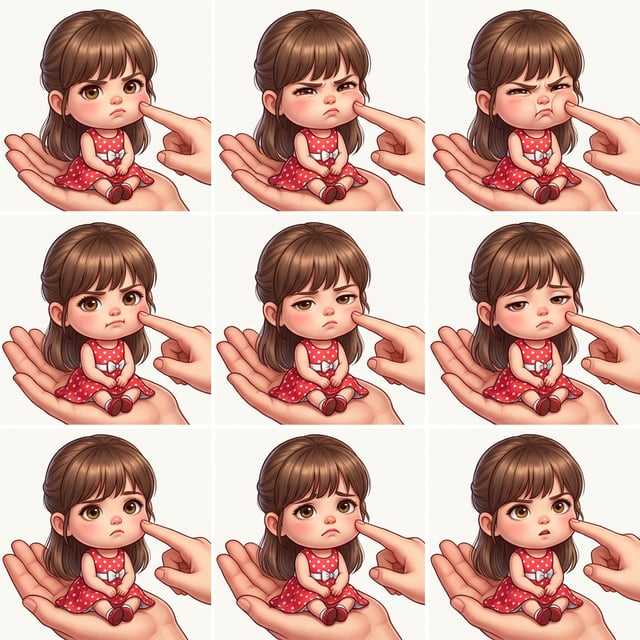 Custom cm chibi character on hand showing various annoyed and sad expressions with a finger poking its cheek.