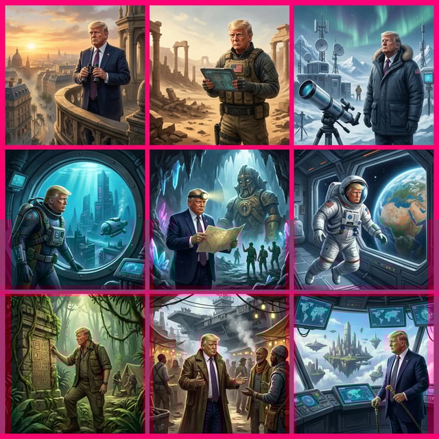 Game asset stylizer open world concept art of Donald Trump in various sci-fi and adventure scenarios, from space to ancient ruins.
