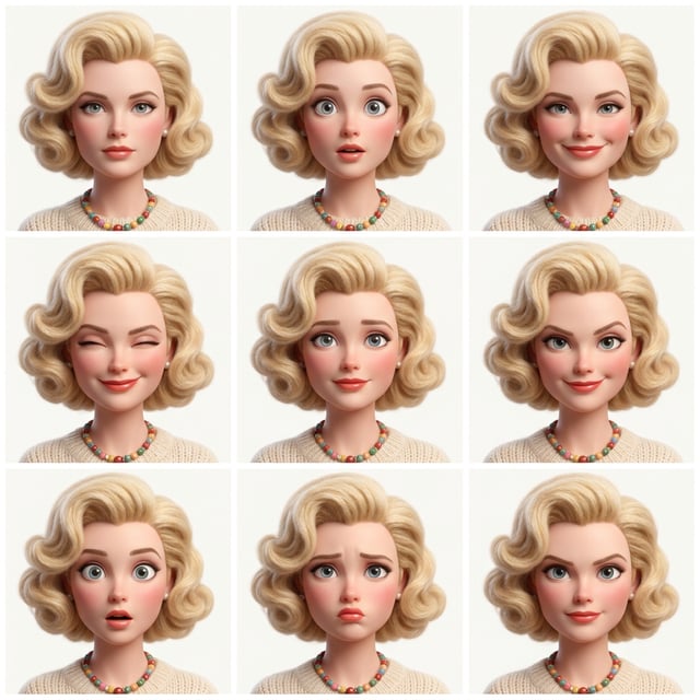 Material transformation yarn hair fantasy portrait of a blonde woman showing various expressive emotions and hairstyles.