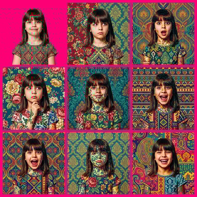 AI art movement maximalist pattern collage of a young girl with varied expressions and ornate floral and geometric backgrounds.