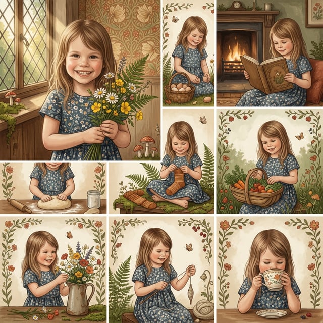 AI art movement cottagecore illustration of a smiling girl enjoying various wholesome activities like knitting and gardening.