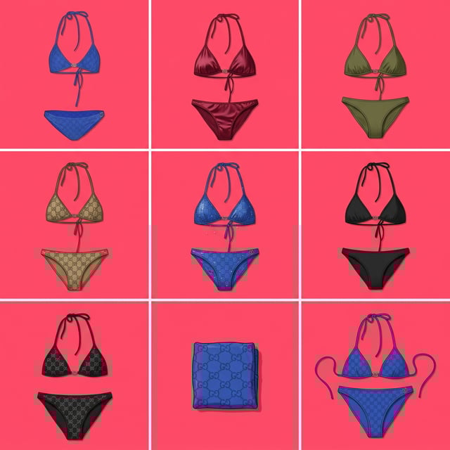 Advertising poster generator with japanese minimalist ad style featuring a grid of colorful Gucci bikinis and a towel.