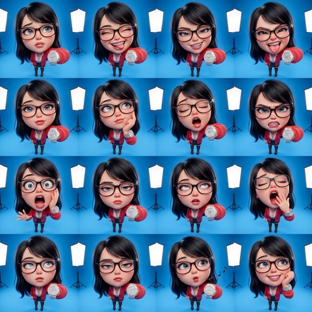 Photo to glossy 3d cartoon expression grid, diamond caricature 3d, shows a woman with glasses in various expressive poses.