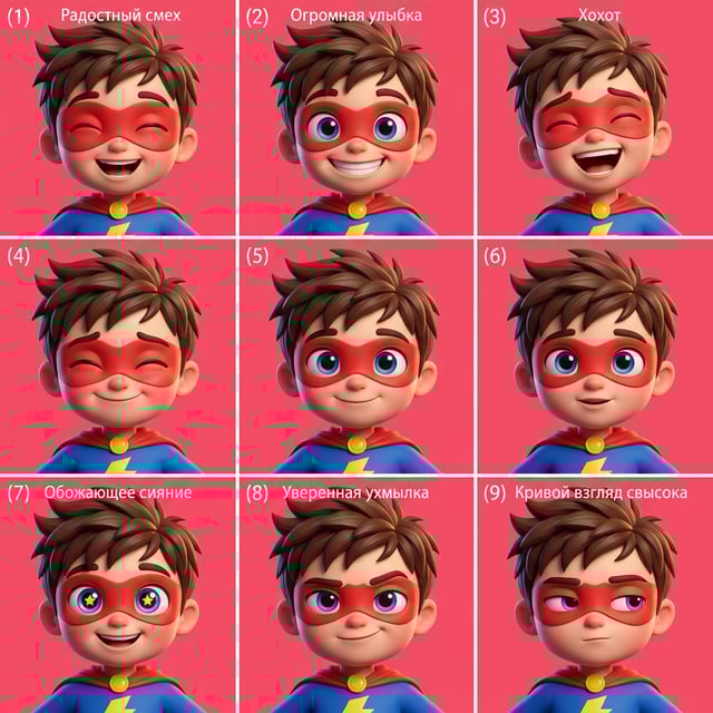 Pixar style ai avatar generator shows a boy superhero with nine different expressive faces and emotions.