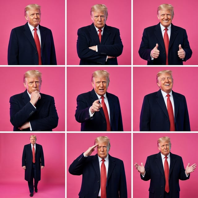 Custom cm artist Spotify portrait collage of Donald Trump in various poses against a pink background.