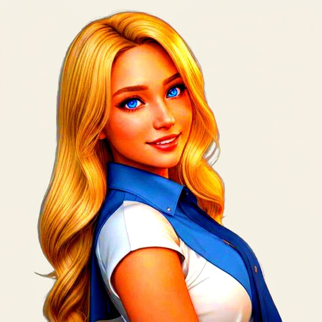 Social media visual twitter meme format of a smiling blonde woman with bright blue eyes and wavy hair.