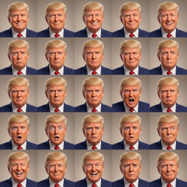 Pixar style AI avatar generator shows Donald Trump with various facial expressions in a grid format.