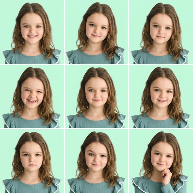 Social media visual of a young girl with a linkedin professional style, displaying various expressions against a light green background.
