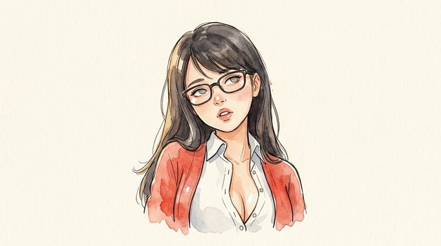 AI cartoon yourself in a watercolor style, featuring a young woman with glasses and a red cardigan. watercolor cartoon