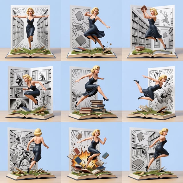 Custom CM Naruto pop up book dioramas featuring a blonde woman in a black dress leaping through comic panels.
