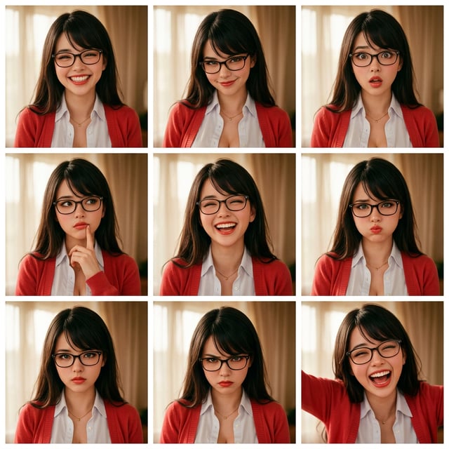 Retro vintage photo collage of a young woman with glasses showing various expressions in 1970s Polaroid style. polaroid 1970s