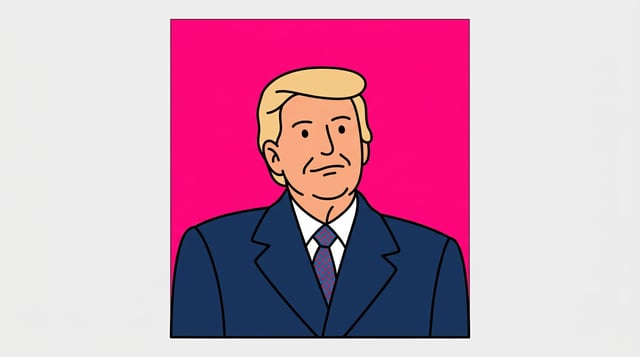 Custom cm doodle vector style portrait of a man in a suit against a bright pink background.