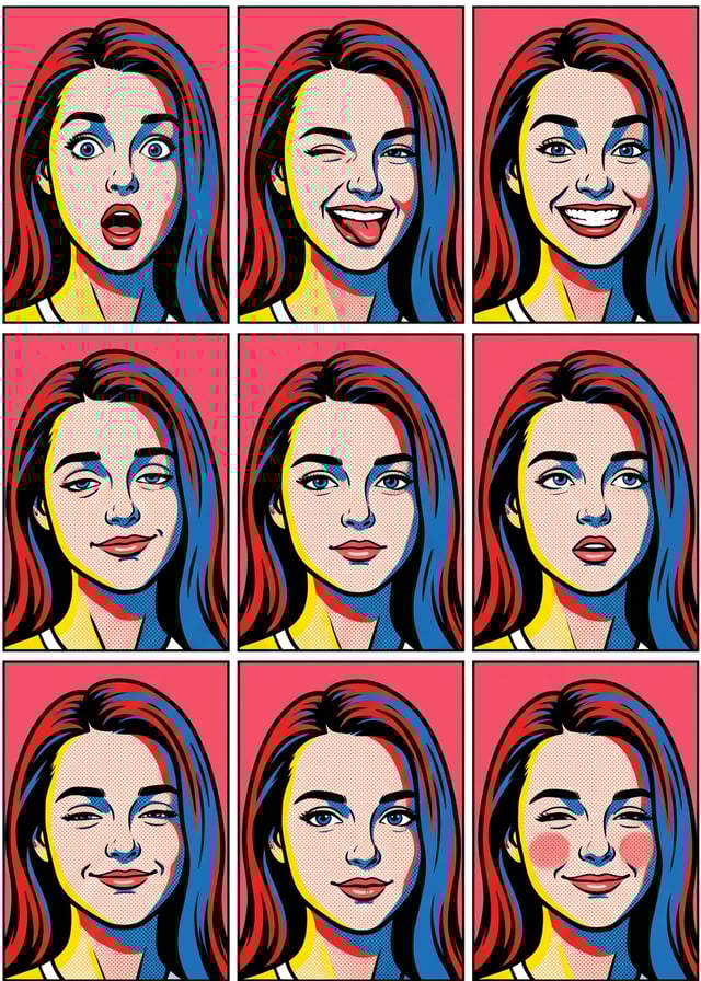 AI cartoon yourself comic pop style features a woman's face displaying nine different expressive emotions in a vibrant pop art grid.