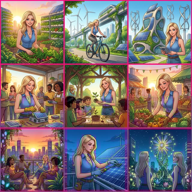 AI art movement solarpunk utopia scenes of sustainable living and renewable energy with a blonde woman protagonist.