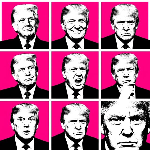 Advertising poster generator in Swiss International Style featuring Donald Trump in multiple poses against a vibrant pink background.
