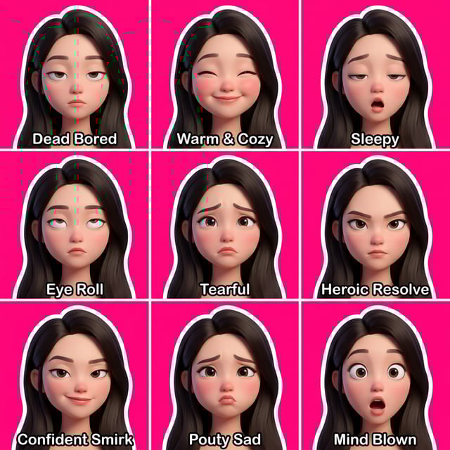 Custom cm cute cartoon sticker pack featuring a girl with nine different expressive faces from bored to mind blown.