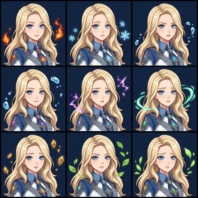 Game character art in Genshin Impact style featuring a blonde woman with various elemental effects like fire, ice, and lightning.