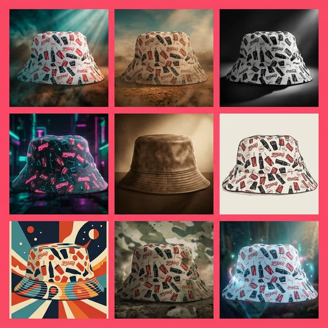 Advertising poster generator movie title card featuring Coca-Cola bucket hats in various artistic styles and settings.