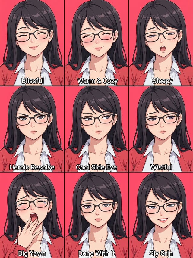 Anime lp general ad showcasing a woman with glasses in nine different emotional expressions.