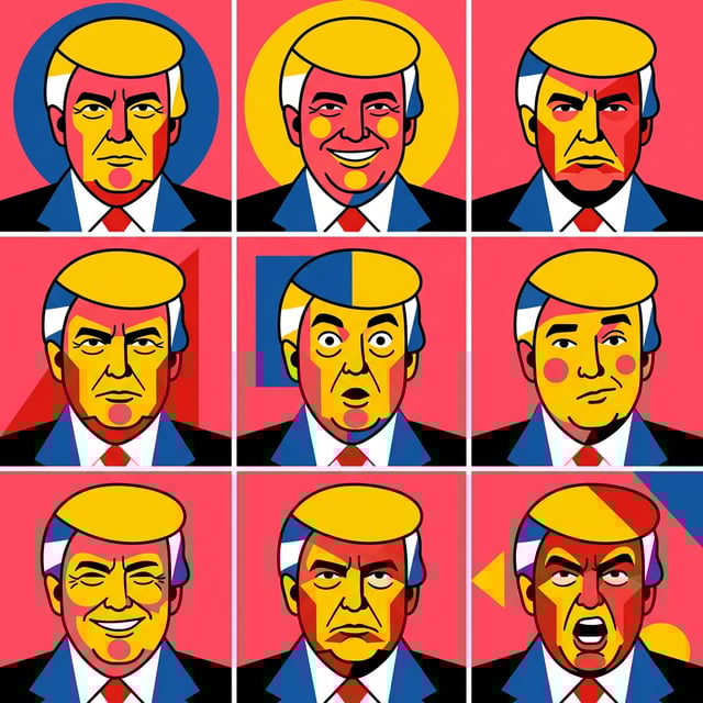 Advertising poster generator with bauhaus geometric style, showing Donald Trump in nine different expressive portraits.