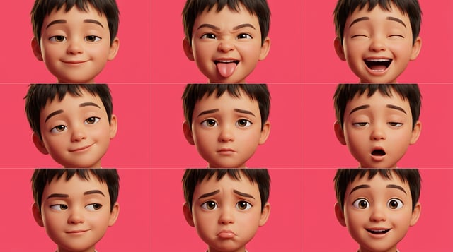 Pixar style lp avatar ad showcasing a young boy's diverse facial expressions in a nine-panel grid.
