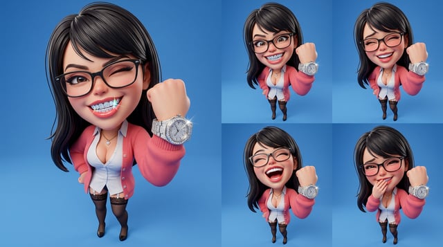 Diamond caricature 3d grid of a woman with glossy 3d cartoon expressions, showing off diamond teeth and watch. photo to glossy 3d cartoon expression grid