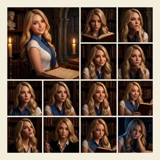 AI art movement dark academia collage of a blonde woman in various thoughtful and expressive poses in a library setting.