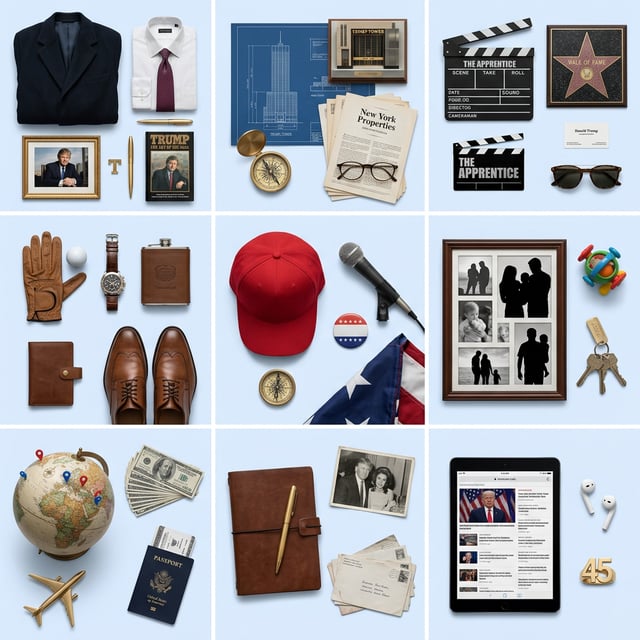Social media visual, Instagram aesthetic flat lay of Donald Trump memorabilia including a suit, books, and political items.