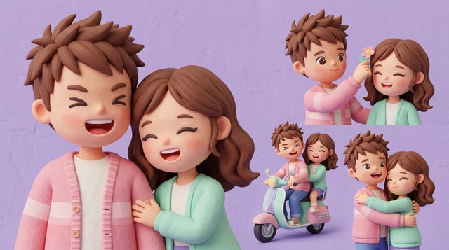 Custom cm pastel clay couple art depicts a happy couple in various romantic poses, including riding a scooter and embracing.