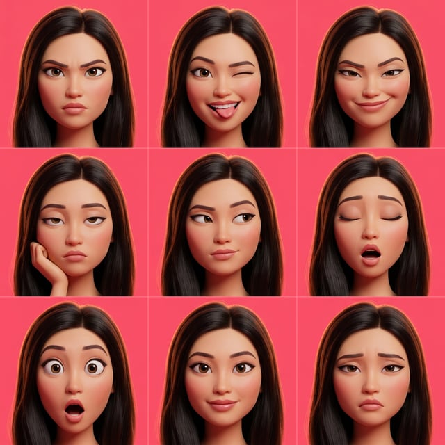 Pixar style AI avatar generator showcasing a young woman with dark hair displaying nine different expressive emotions.