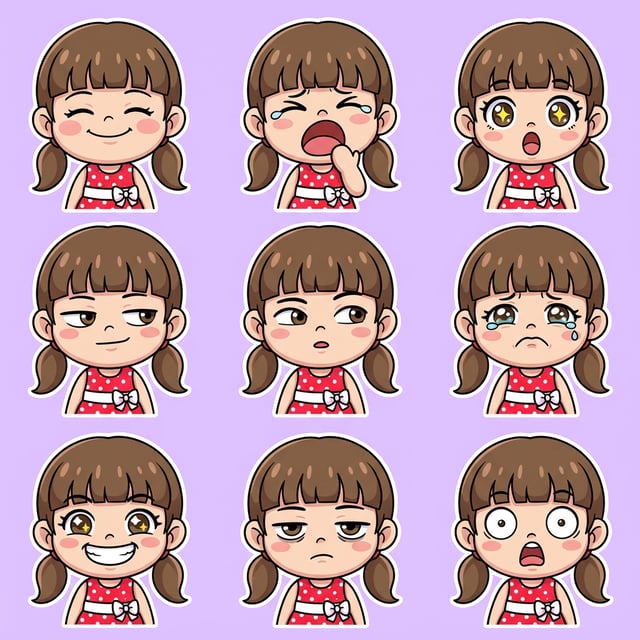 AI sticker maker chibi collection of a girl with various expressive emotions and reactions.