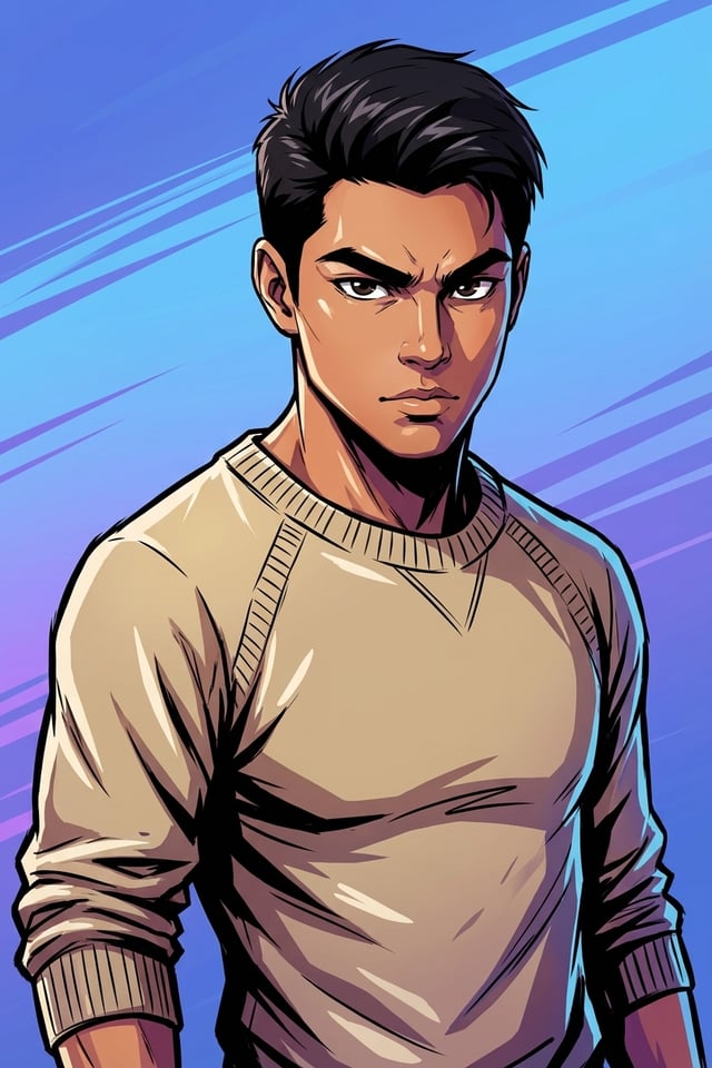 Shonen anime ad featuring a determined young man in a tan sweater against a vibrant blue background. lp anime ad