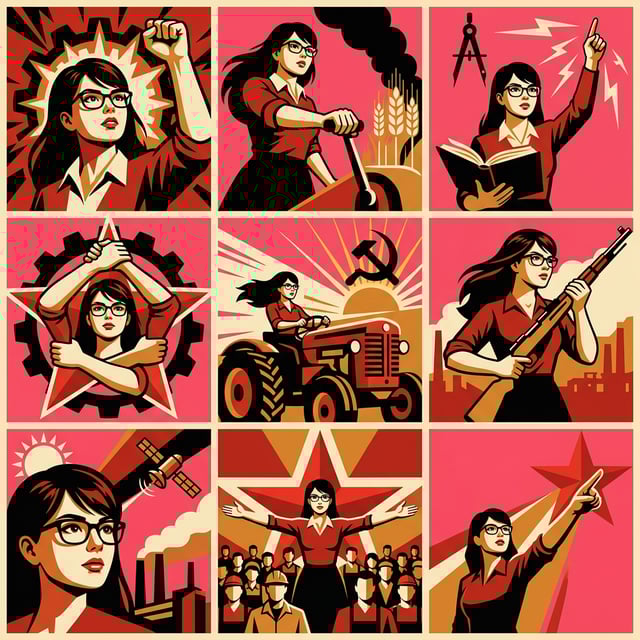 Retro vintage photo soviet propaganda poster of a woman in various powerful poses, including driving a tractor and holding a rifle.