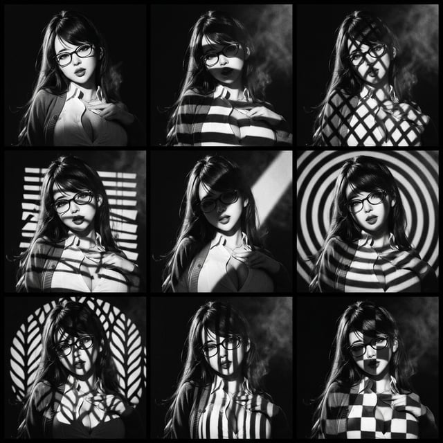 Retro vintage photo y2k chrome digital portrait of a woman with glasses and dramatic shadow patterns.