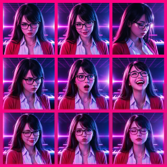 Retro vintage photo of a young woman with glasses in a neon 1980s portrait grid, showing various playful expressions. neon portrait 1980s