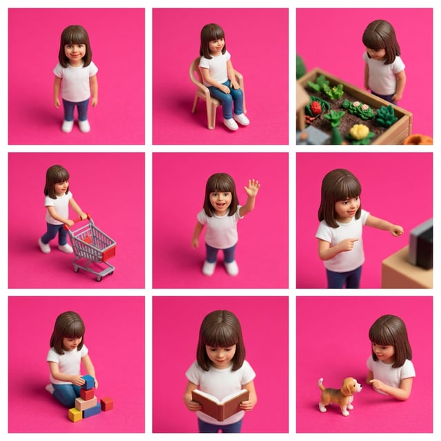 Interior exterior stylizer miniature diorama of a girl in various playful scenes with a pink background.