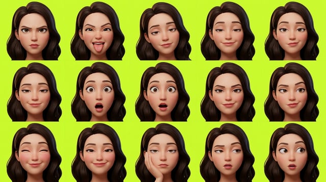 Pixar style ai avatar generator shows a woman with various expressive emotions against a bright green background.