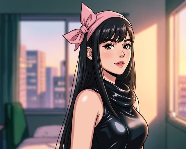 Retro 90s anime ad featuring a girl with a pink bow and black outfit in a sunlit room. lp anime ad